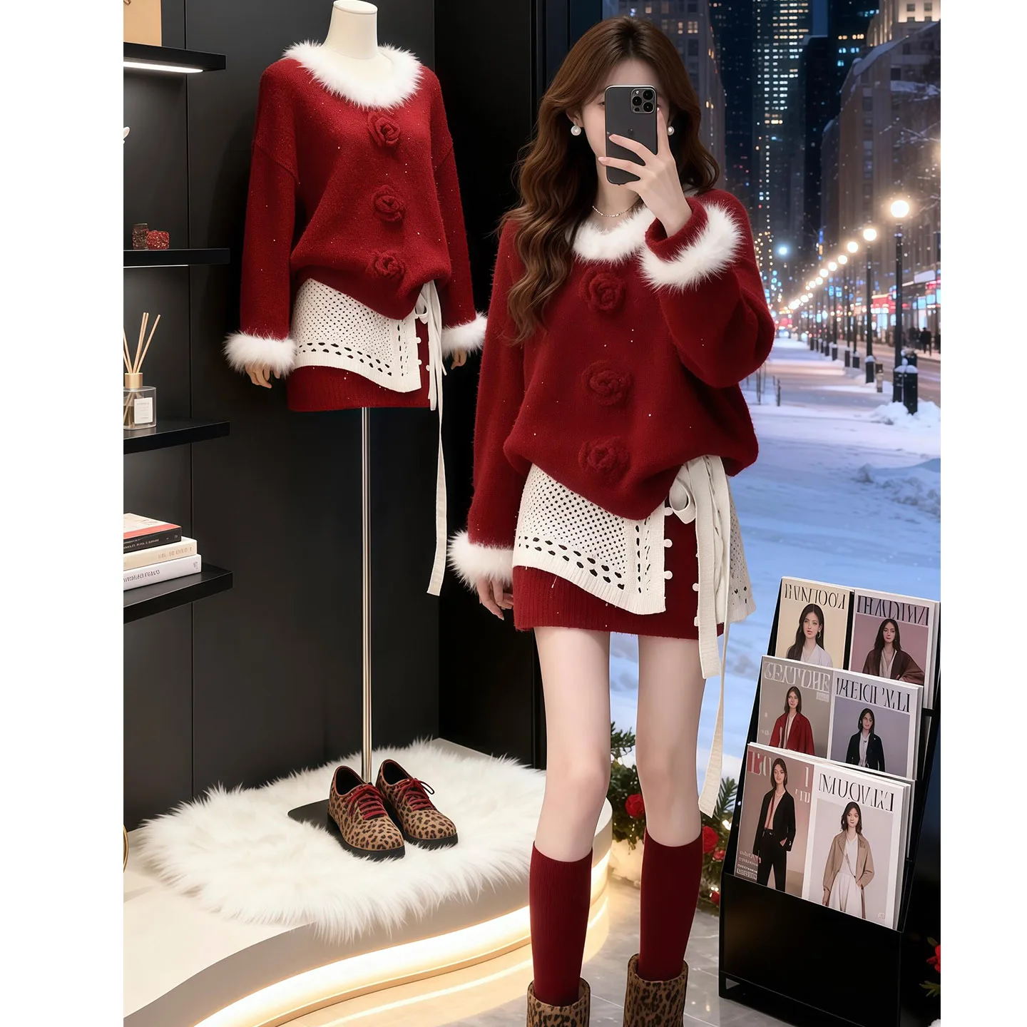 Original High Quality New Year Countdown Red Sweater Skirt Set with Fur Collar Three Piece Women's Casual Sportswear Ensemble