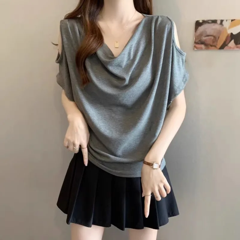 Women's Cowl Neck Cold-Shoulder Top, Draped V-Neck Short-Sleeve Ruched Blouse, Casual Loose-Fit Summer Knit T-Shirt