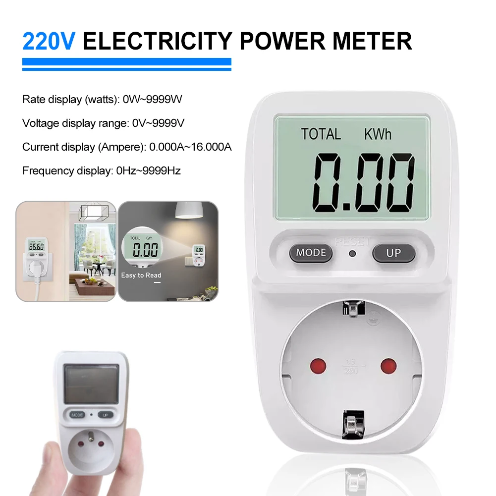 EU Plug Digital LCD Power Meter, Wattmeter Socket Energy Meter, Kwh Voltage Current Frequency Electricity Monitor, 220V