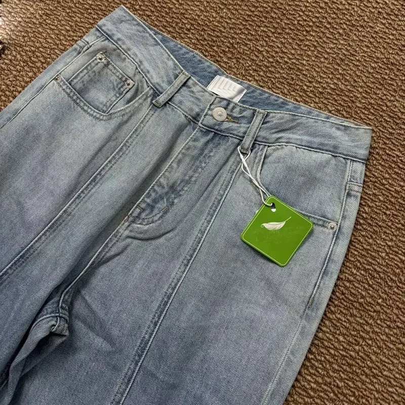 Blue Cotton Jeans Women Star Print Topstitch Decoration Double Split Seam Zipper Straight Denim Trousers Ladies Long Pants