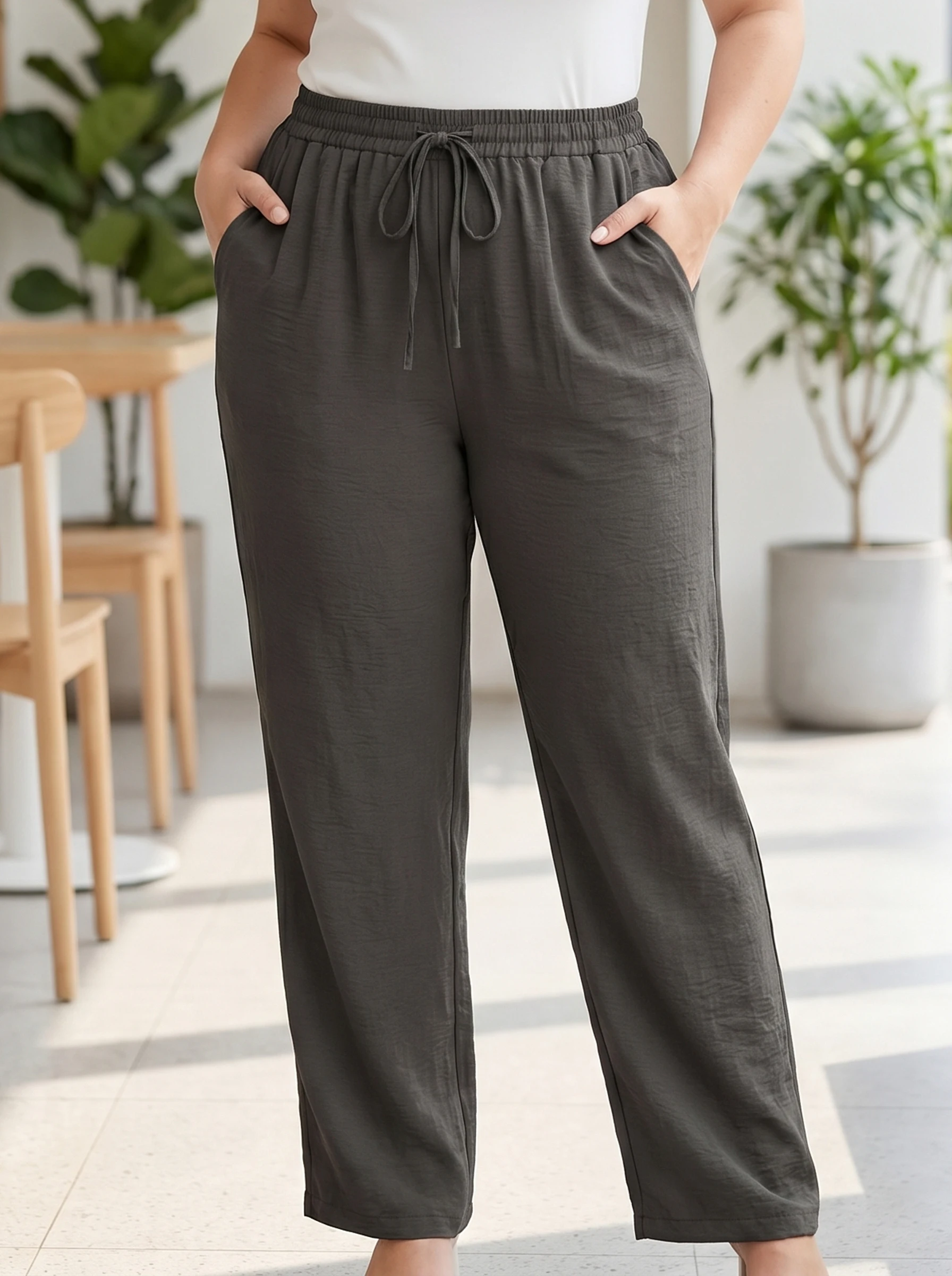 Rosa Fera Plus Size Women Solid Color Drawstring Waist Loose Fit Straight Leg Pants with Pockets