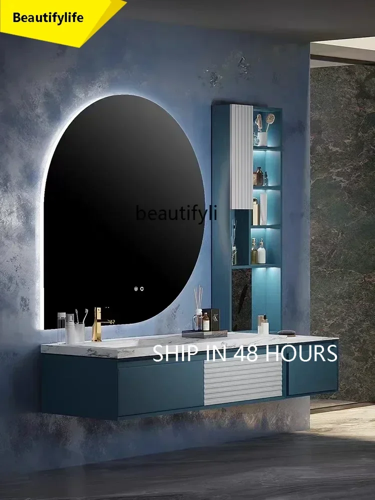 

Light Luxury Stone Plate Solid Wood Bathroom Cabinet Paint Finished Washstand Hand Washing Washbasin Cabinet Bathroom Cabi