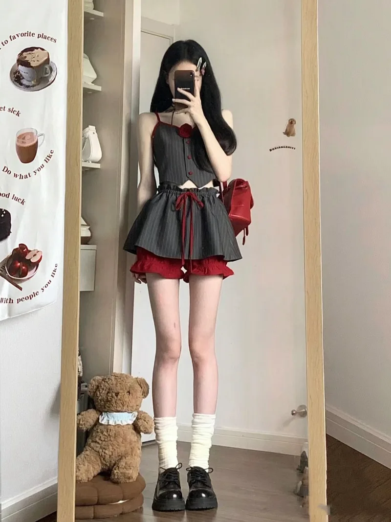 Retro Spicy Girl Stripe Camisole Vest Pantskirt Two-piece Set Lady Contrast Color Lace Up Sleeveless Collarbone Slim Summer Set