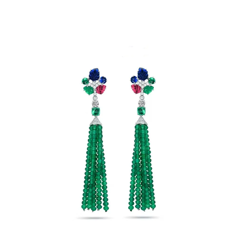 

ZOCA 925 sterling silver New Style Multi Color Engraved Gemtones Green Beaded Tassels Dangle Earrings For Women Fine Jewelry