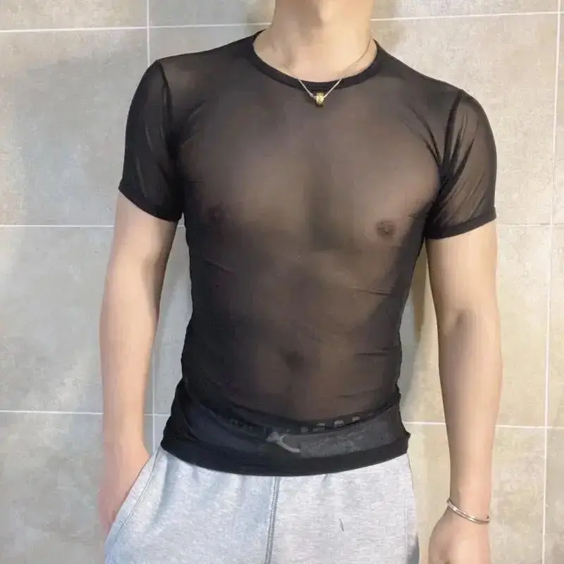 Summer Man Slim Sexy Sheer Men's Wear Round Neck Solid Color Grid Mesh Gauze Tops Men's Personality T-shirt