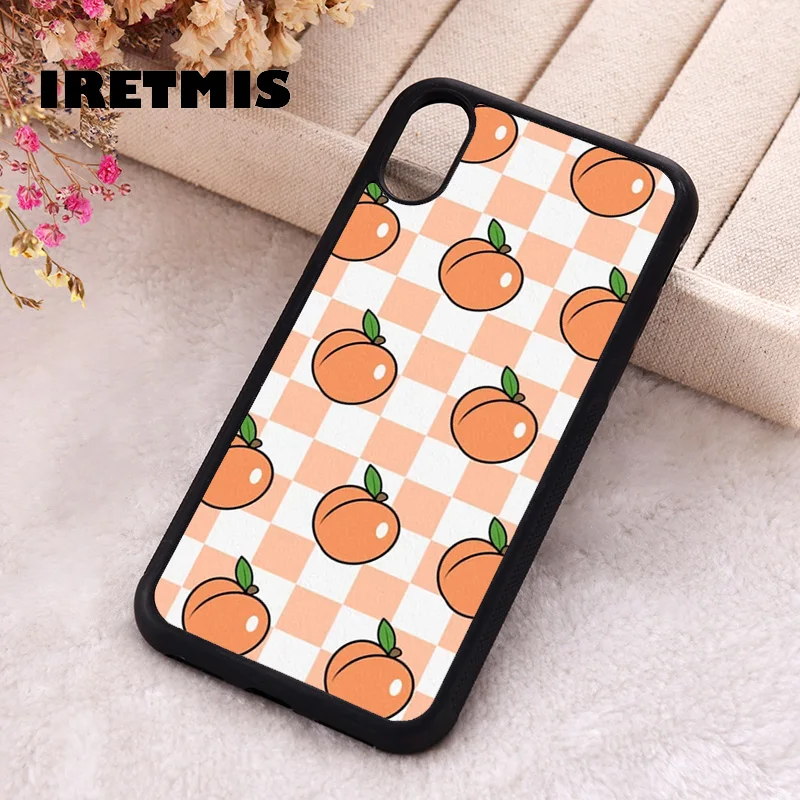 Iretmis Phone Cover Case For iPhone X XS Max XR 11 12 13 PRO MINI 14 15 16 Plus Rubber Silicone TPU Checkered Peaches