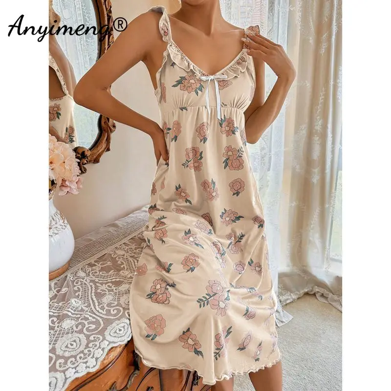 Ruffle Dress Elegant Floral Homedress Chic Slim Gowns Lady Lingerie Gorgeous Women Nightgowns Summer Fashion Retro Nightdress