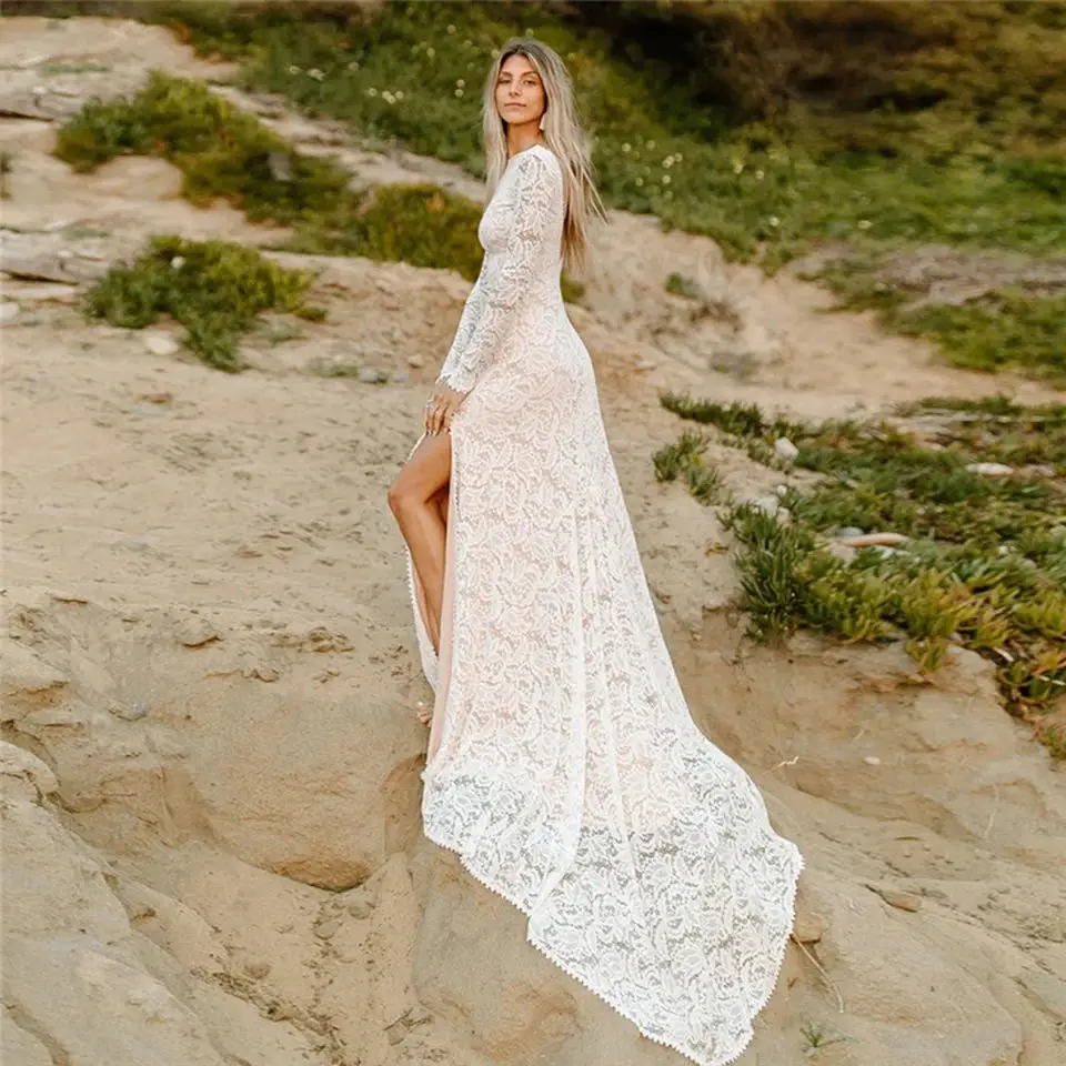 CustomizedLace Boho Abito da sposa 2024 Manica lunga Spacco laterale Backless Beach Abiti da sposa Abiti da sposa Vestido De Noiva