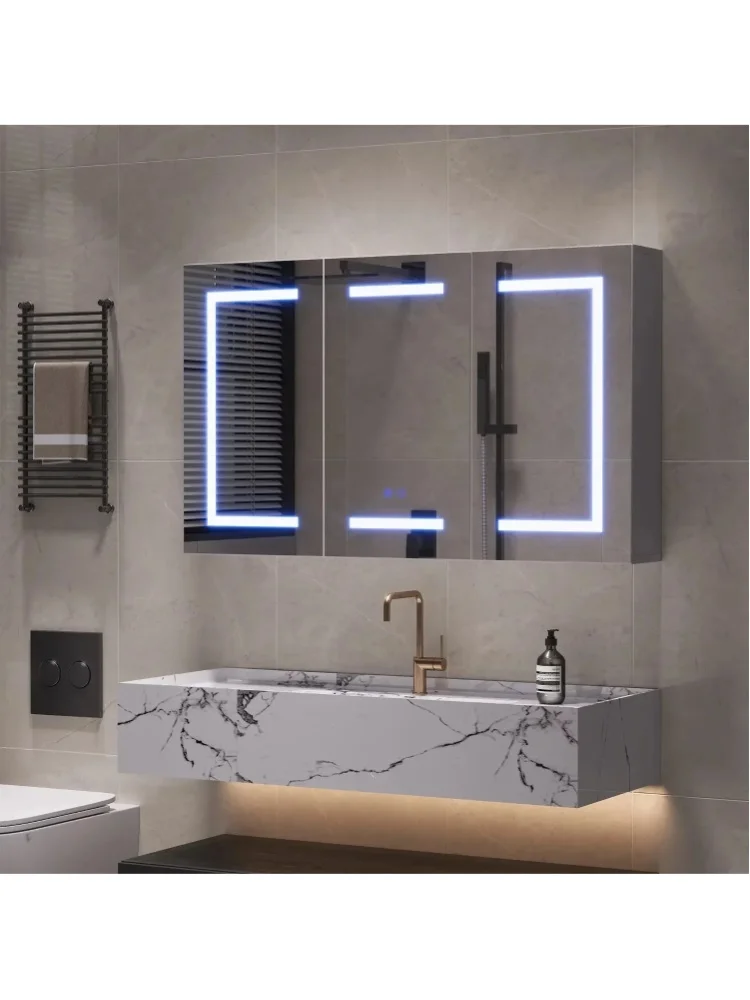 Badezimmerspiegelschrank mit Beleuchtung und Steckdose, Badezimmerschrank mit Spiegel und verstellbarem Regal, Doppeltüriger Badezimmerspiegelschrank, Wandschrank, Badezimmerspiegel, 3