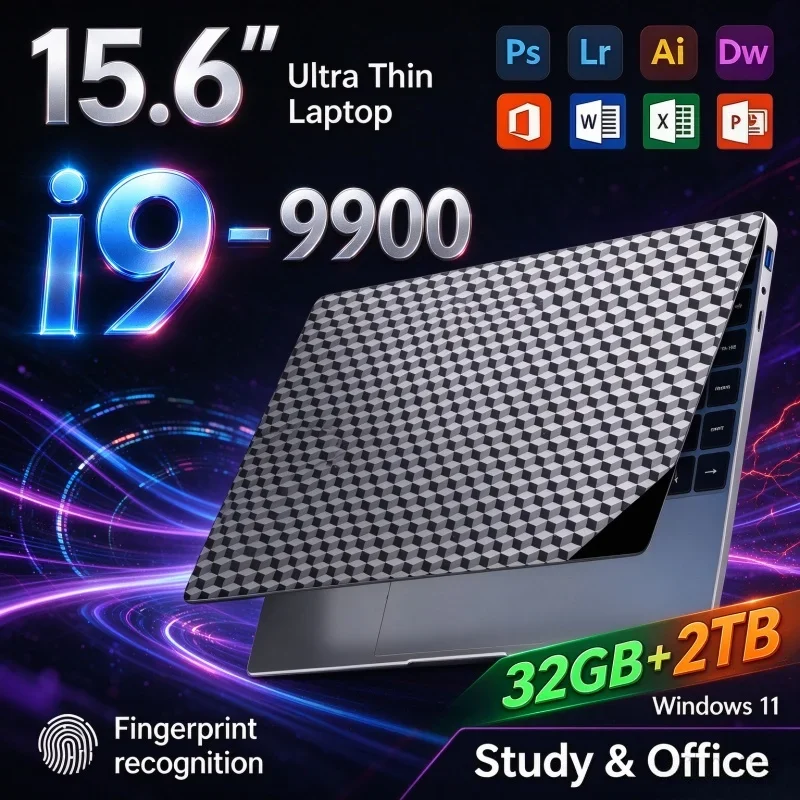 15.6'' Ultra Thin Notebook Intel I9 9900 Laptop 32GB RAM 1TB 2TB SSD FHD Display Windows11 Computer For Office Study Daily Game