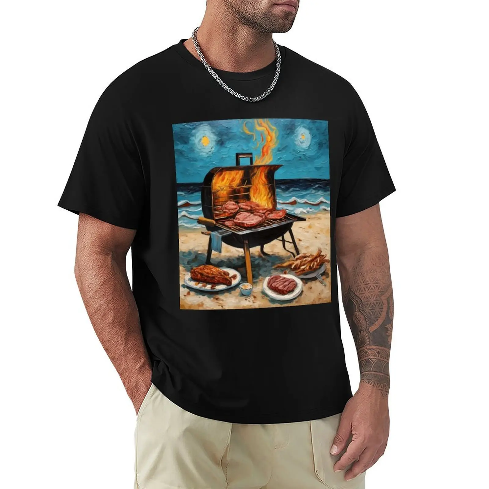 Nighttime Beach BBQ T-shirt summer tops oversized korean fashion t shirts for men cotton