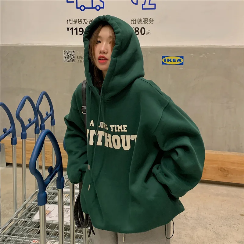 Autumn Retro Green Letter Hoodie Women Ins Plus Size Loose Hip Hop Hoodies American Streetwear Korean Oversized Baggy Outerwear