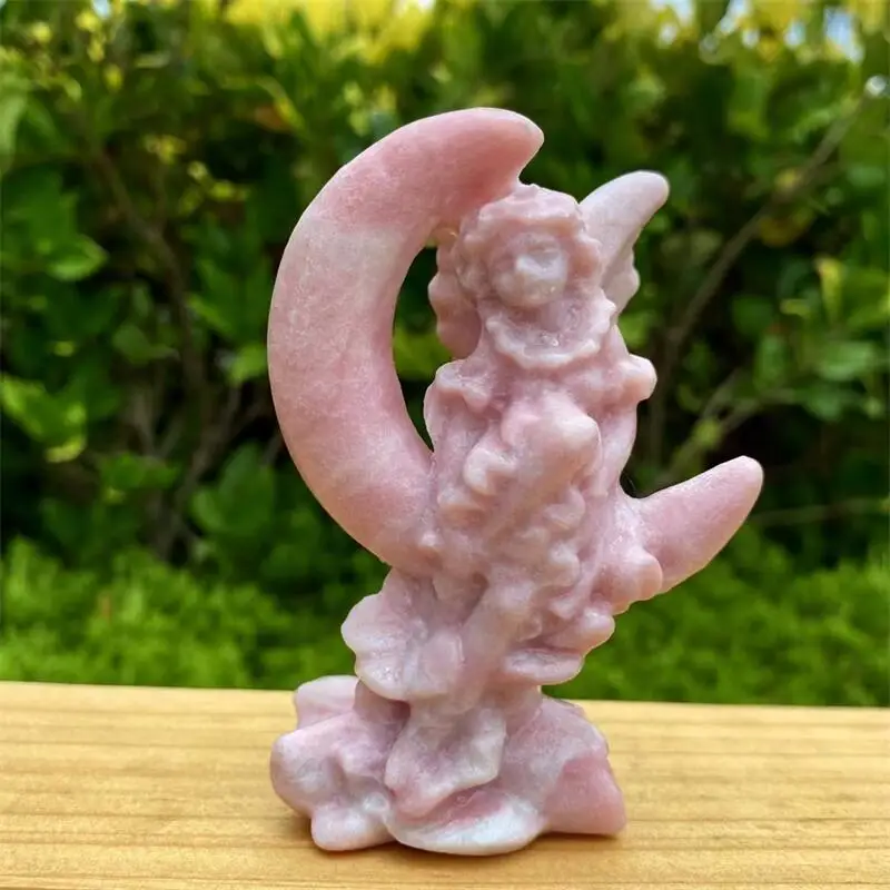 Natural Pink Opal Moon Anel Fairy Carving Crystal Crafts Home Decoration Healing Gemstone Collection Holiday Gift 1PCS