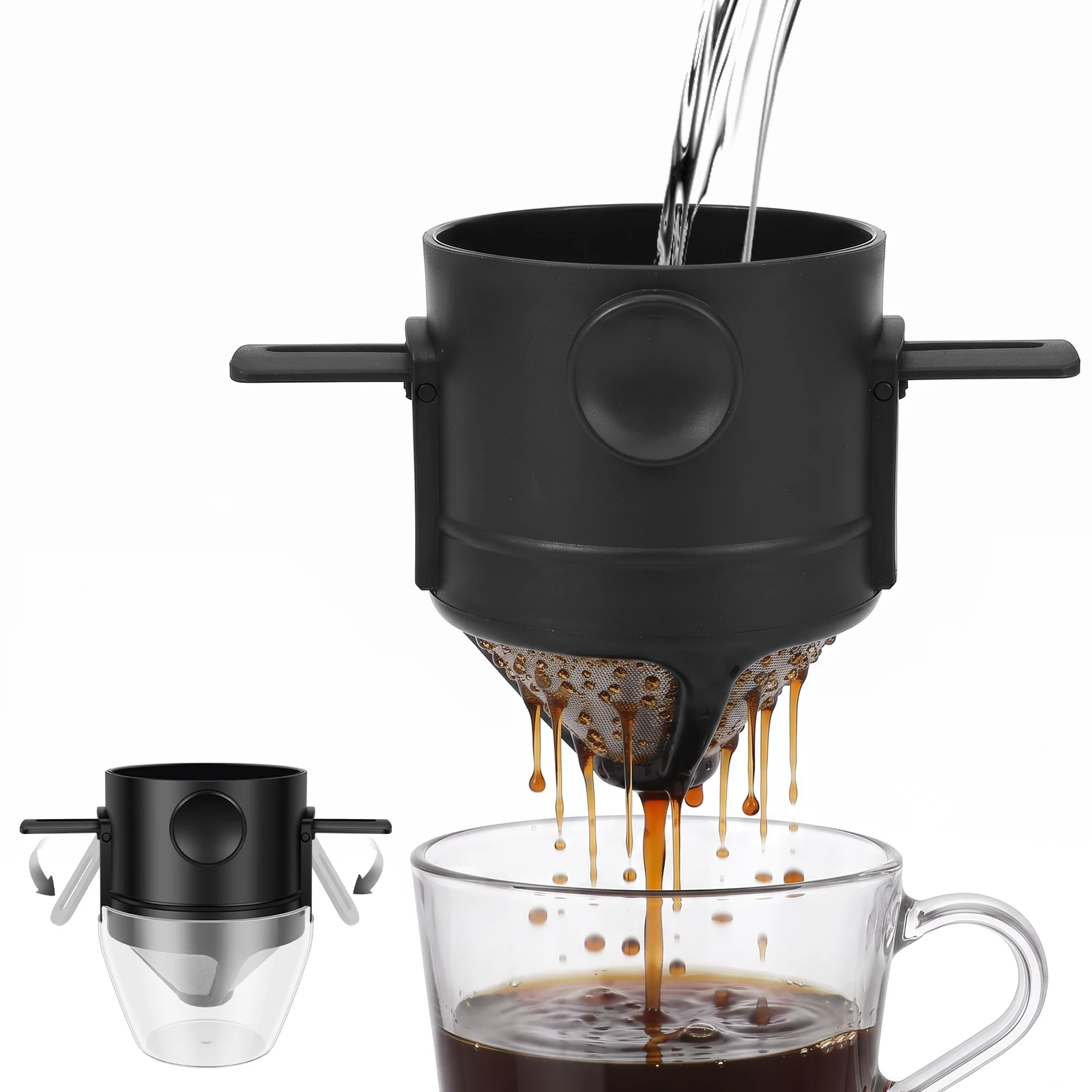 Portable Coffee Filter Cup Foldable Reusable Coffee Dripper with Dual Layer Mesh for Pour Over Brew No Filter Paper for Travel