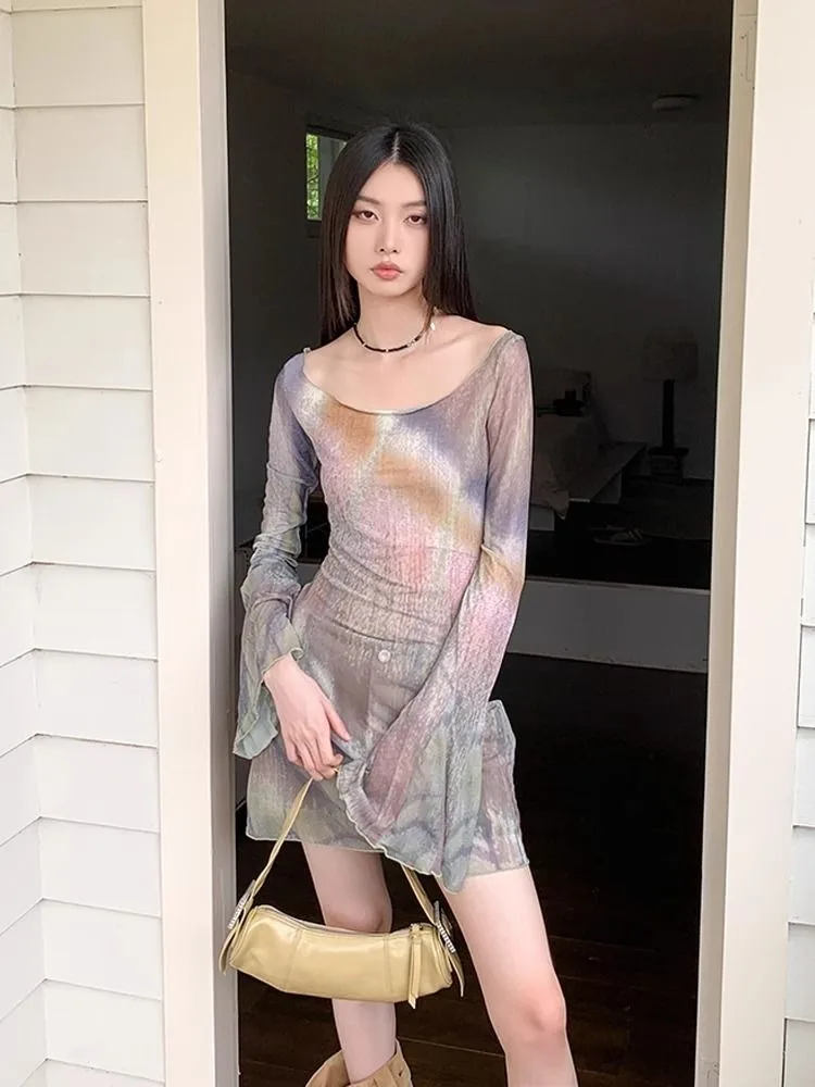 Tie-dye Rosa Druck Oansatz T-shirt Für Frauen Mesh Langarm Slim Fit Tops Mujer 2025, Sommer Neue bodenbildung T Shirt