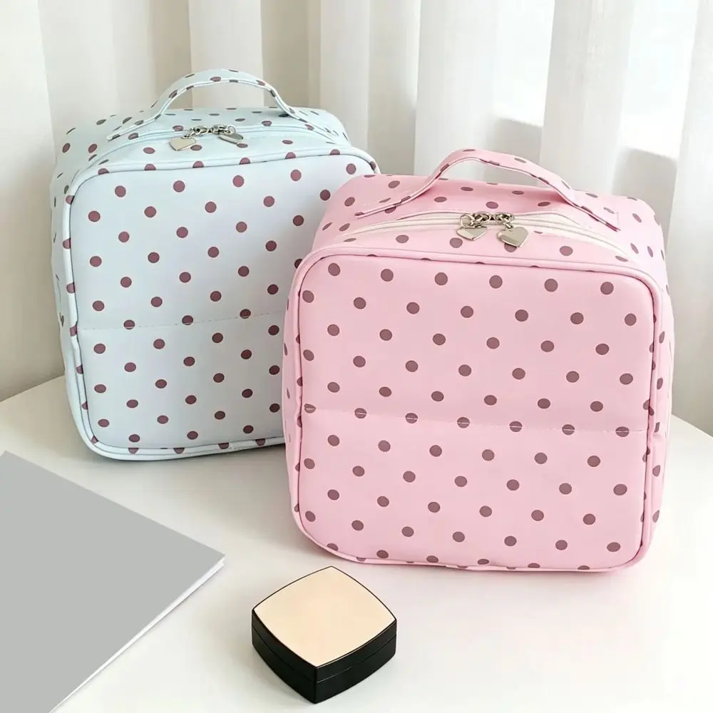 Polka Dot Handheld Makeup Bags Multi-Partition Large Capacity Toiletry Pouch Foldable with Mirror Cosmetics Handbag