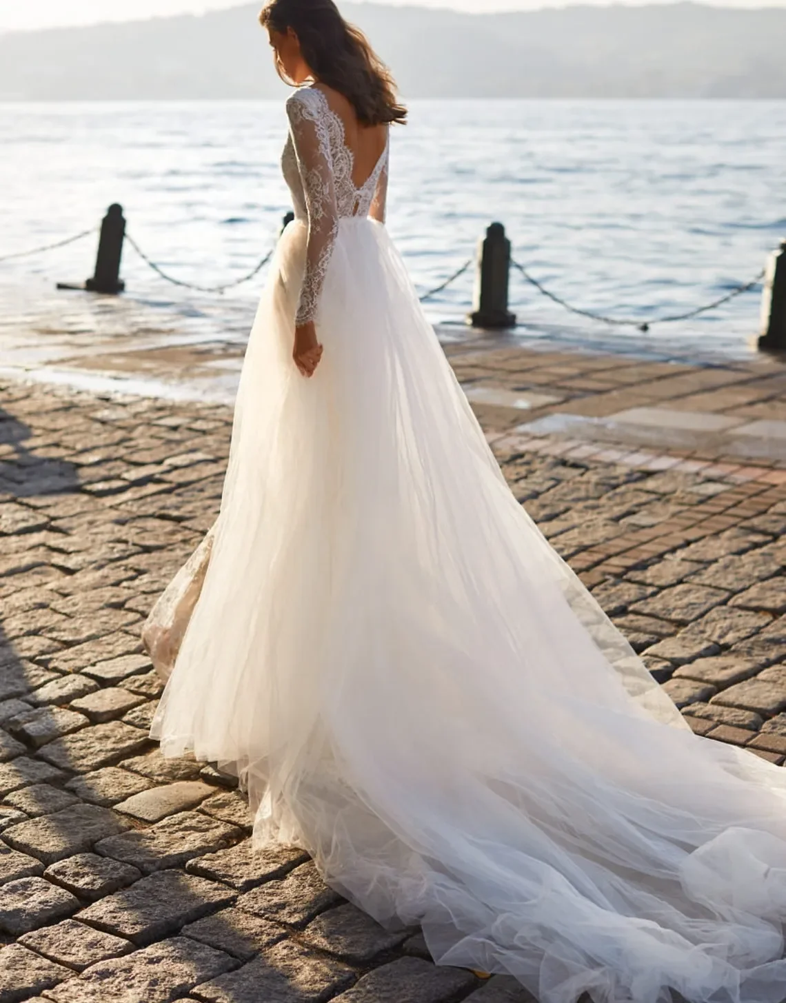 Vestido de novia de sirena bohemio único, Sexy, con tren desmontable, transparente, cuello redondo, manga larga, espalda abierta, vestidos de novia