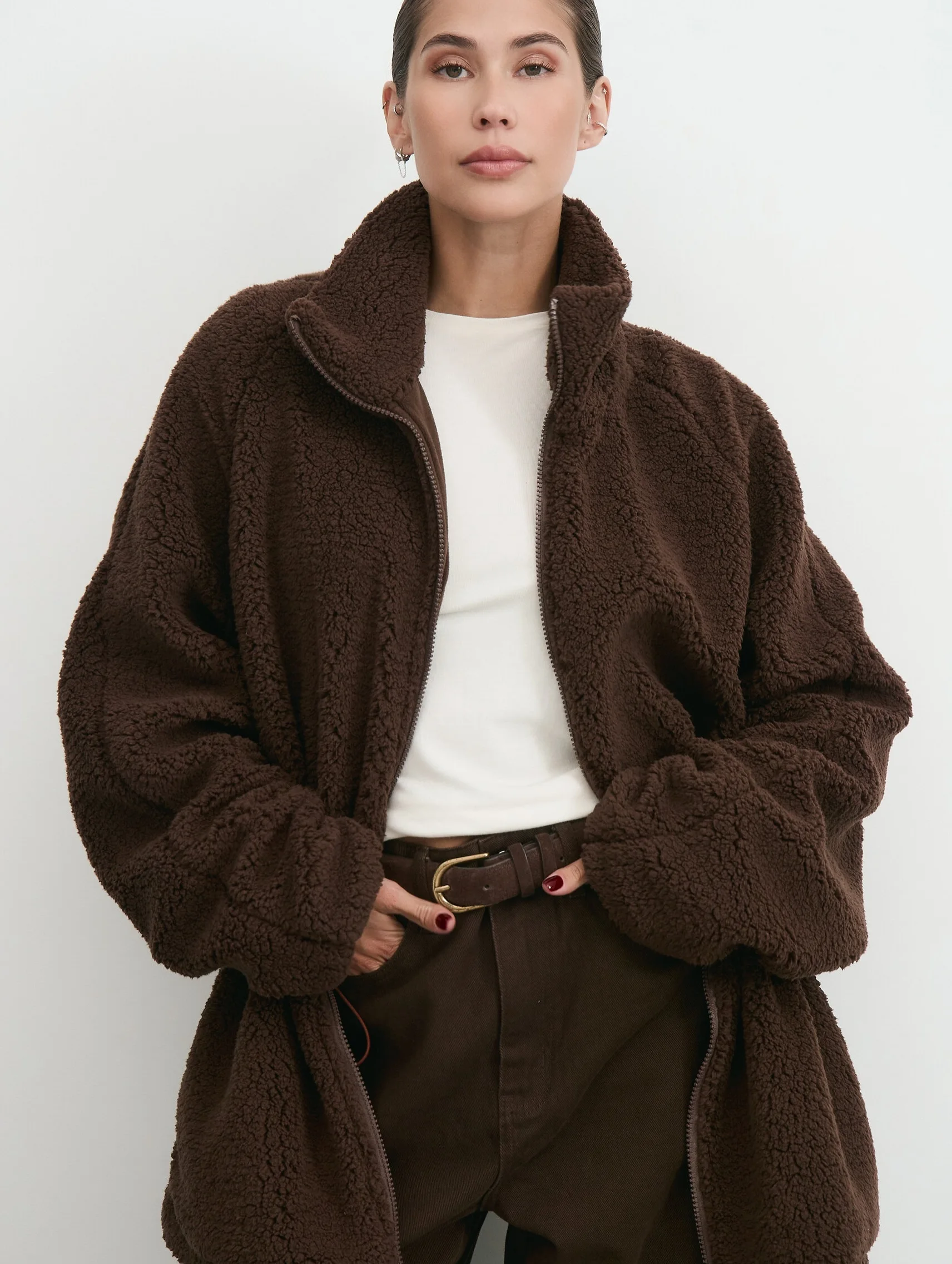 Laur 2026 Women Teddy Fleece Jacket Stand Collar Zip Up Coat Adjustable Waist Warm Oversized Winter Outerwear for Daily Wear