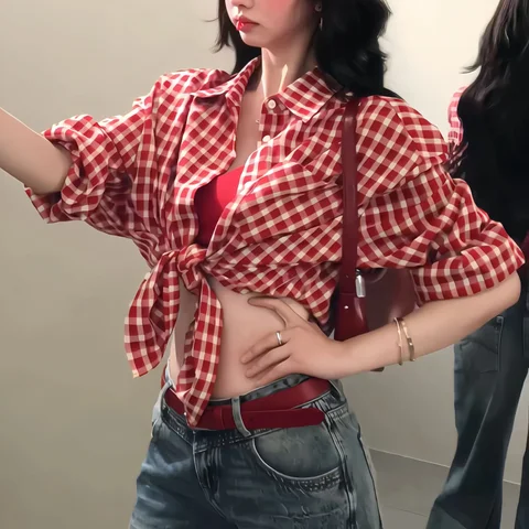 Red Retro Plaid Short Sleeved Shirt for Women Fashion Summer 2025 New Casual Loose Fit Shirt Top
