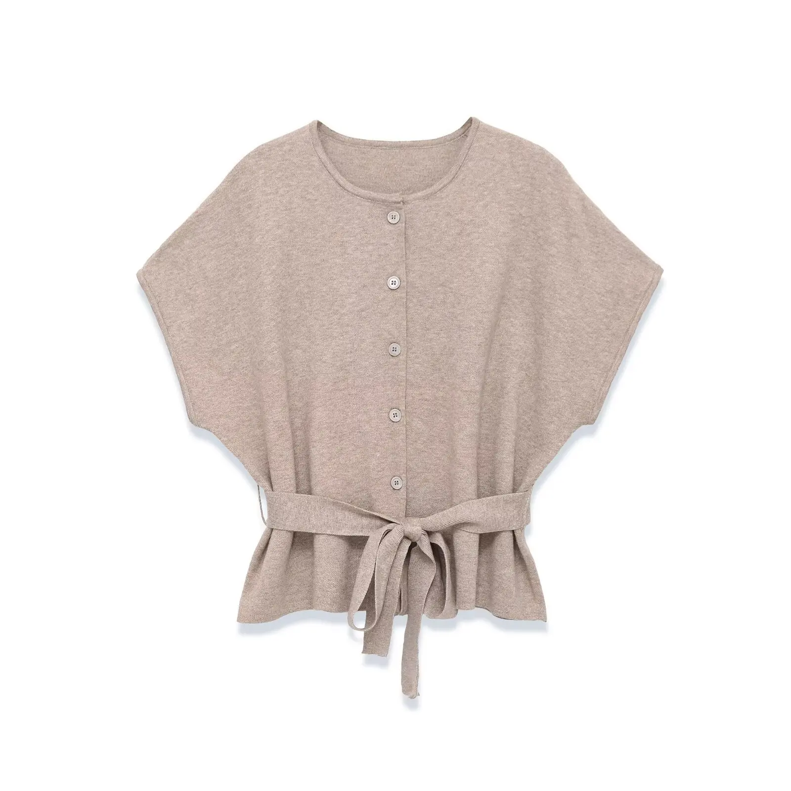 

Женская модная повседневная вязаная куртка с короткими рукавами и поясом, с круглым вырезом, женский повседневный вязаный кардиган, свободный свитер, однотонный XQIH