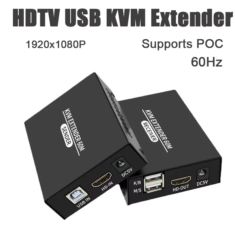 KVM 60M For HDMI Extender Over Cat5e Cat6 1080P USB KVM Extender Transmit with Loop Out Support USB Keyboard Mouse Extension
