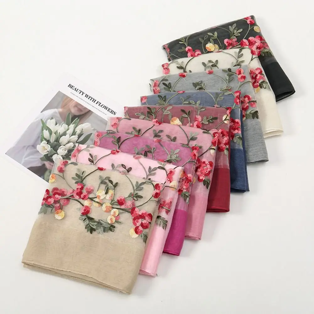 Embroidery Flower Women Scarf Fashion Thin Yarn Lightweight Spring Long Shawl Colorful Long Sunscreen Scarf