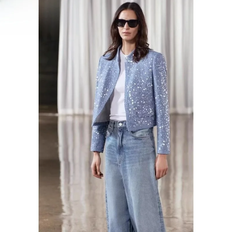 

Spring 2024 Faion Women's Jaet ZW Series Bead Decorated Loose Fit Long Sve Collar ort Coat without Button