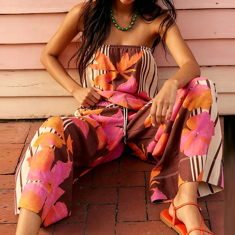 Fashion Flower Print Loose Vacation Suit Elegant Backless Long Pant 2Pc Outfit Sexy Strapless Sleeveless Top & Wide Leg Pant Set
