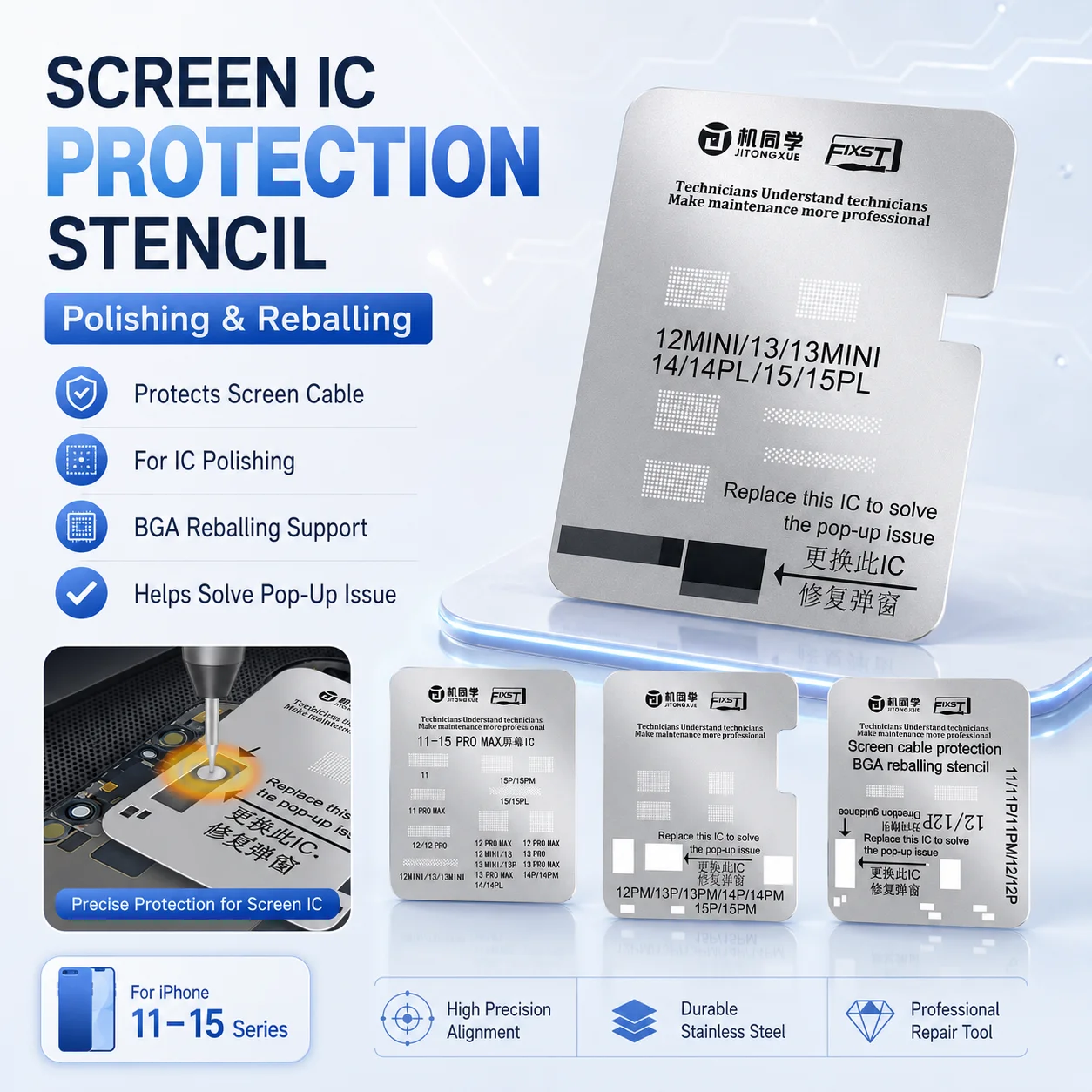 Fixst JTX LCD Screen IC Chip Flex Cable 3D Protection Stencil for iPhone 11-15 Pro Max Touch Display IC Tin Template Repair Tool