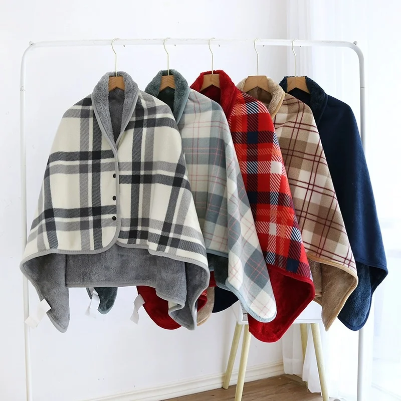Fleece Wearable Blanket, Plaid Lap Blanket Comfy Poncho Throw with Button Plaid Throw Cushion for Bed Sofa Office view 3