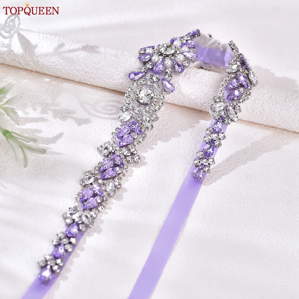 TOPQUEEN Lavender Rhinestone Crystal Bridal Belt, Fashion Floral Waist Sash, Wedding Dress Belt, Prom Party Accessory - view 2