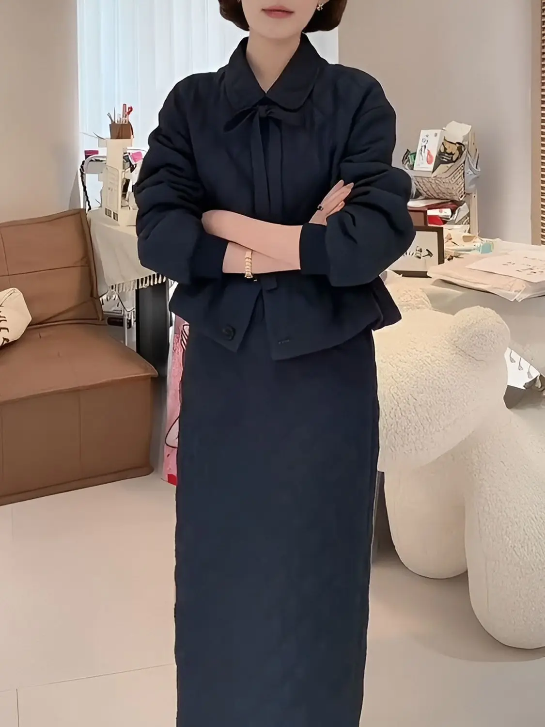 

Зимний теплый хлопковый комплект из куртки и юбки для женщин больших размеров: модный наряд с геометрическим узором, повседневный стиль, высокая талия