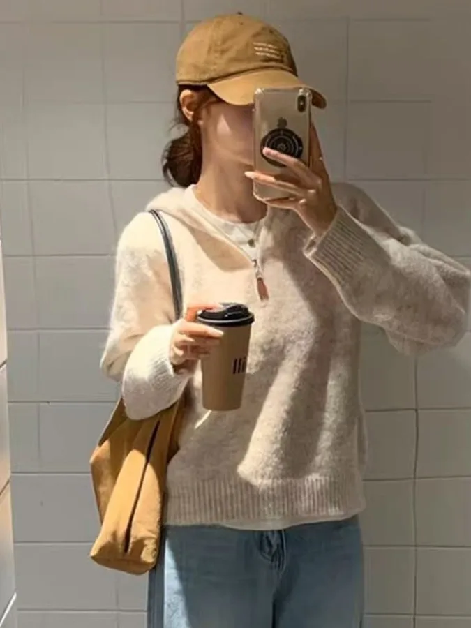 

Cherries Color Hooded Zipper Knitted Sweater Jaet Women's New Sle Autumn Early Small Fraance Sle Top Faionable