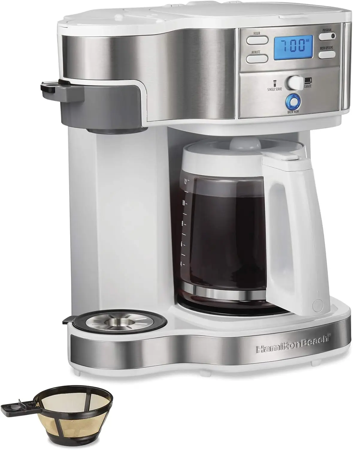 2-Way 12 Cup Programmable Drip Coffee Maker & Single Serve Machine, Glass Carafe, Auto Pause and Pour, White