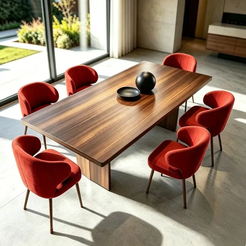 Modern Luxury Walnut Veneer Panel Dining Table Double Curved Brushed Bronze Metal Plate Legs Large Load-bearing