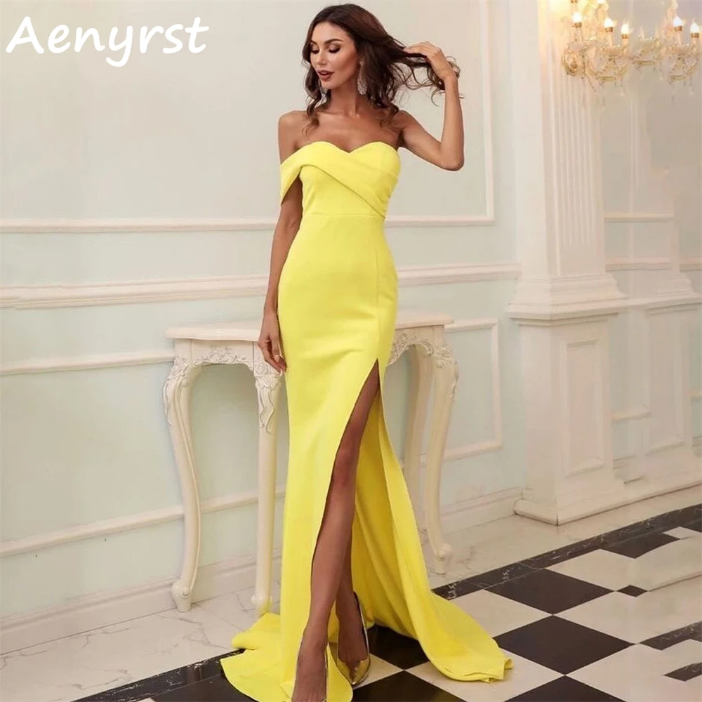 

Aenyrst Sweetheart One Shoulder Prom Dresses Satin Mermaid Side Slit Evening Gowns Floor Length Party Dress Yellow فساتين السهرة