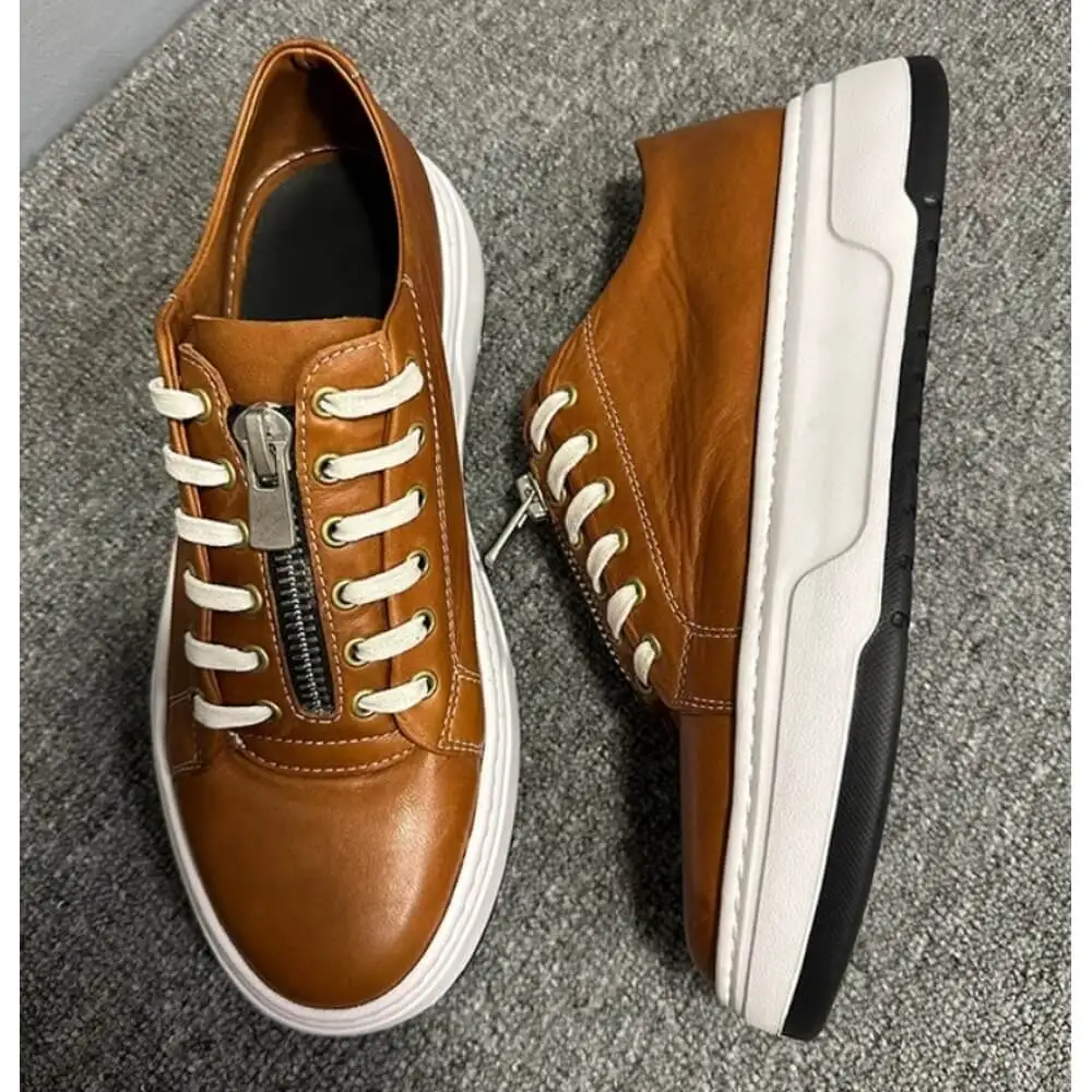 Premium Cognac Leather Zip-Up Sneaker – Handcrafted Comfort, Modern Style