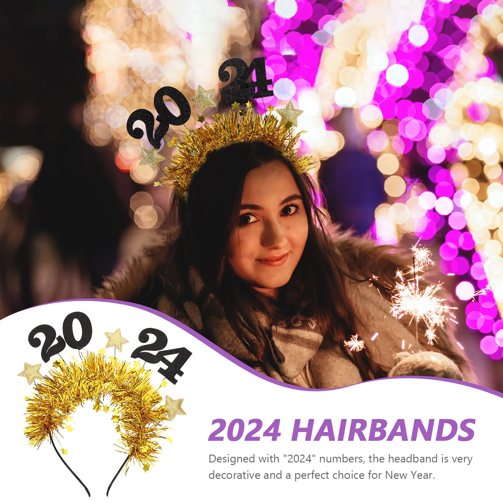 

Glitter Headband 2024 New Year Party Holiday Headbands for Women Chinese Festive Head Hoop Star Decorative Hair Band Felt