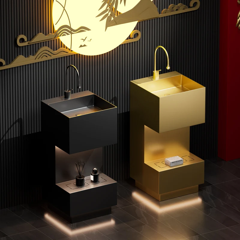 

Легкая роскошная черная колонна из нержавеющей стали, ванная комната отеля, умывальник от пола до потолка, встроенный квадратный умывальник