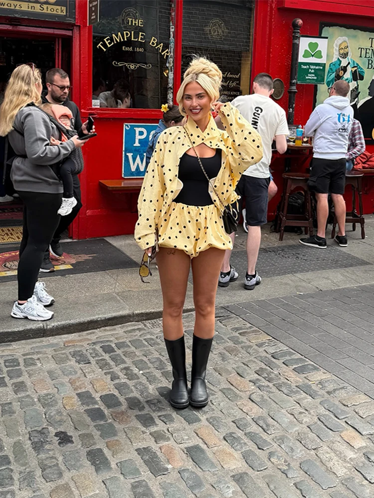 Plissee-Polka-Dot-Mäntel, Ballon-Shorts-Anzüge für Damen, Streetwear mit Stehkragen, Langarm-Crop-Tops mit Schnürung, High-Waist-Shorts, Neue Sets – Detail 25