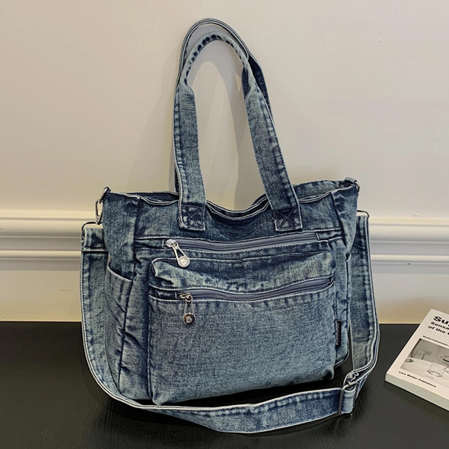High-End Denim Tote Bag Women's Large Capacity Single Shoulder Crossbody Bag Versatile Commuting Student Simple 2025 Winter