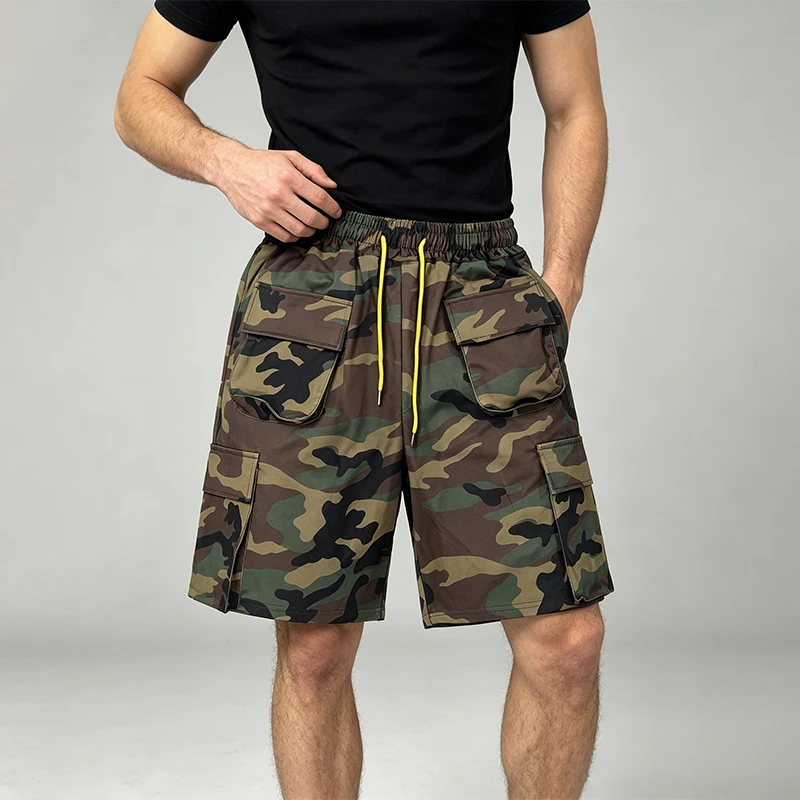 2026 Men Camo Cargo Shorts Multi Pockets Camouflage Casual Shorts Elastic Waist Hip Hop Outdoor Work Shorts