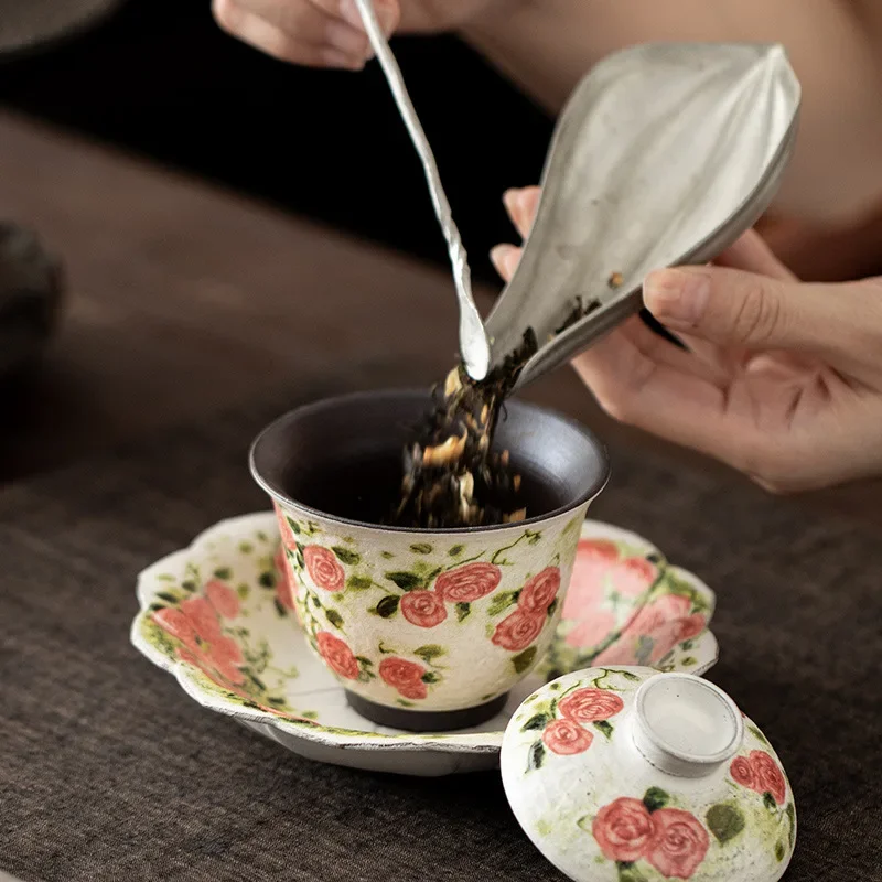 125ML Rose Flower Language Yuanrong Ercai Cover Bowl Ceramic KungFu TeaSet TeaBowl Tea Breaker with Cover TeaCup Gift Collection