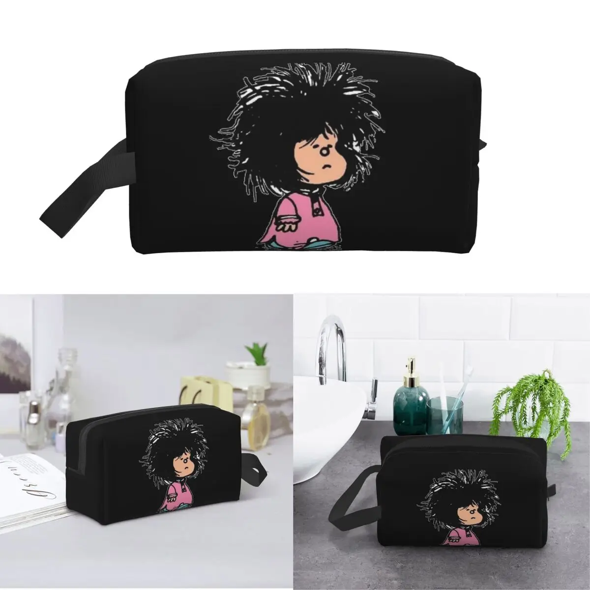 Mafalda Anime Plaid Makeup Bag Cosmetic Organizer Storage Dopp Kit Toiletry Cosmetic Bag for Women Beauty Travel Pencil Case