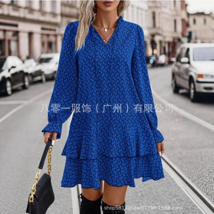

2025 autumn hot selling new fashionable printed V-neck flared sleeve ruffle edge dress