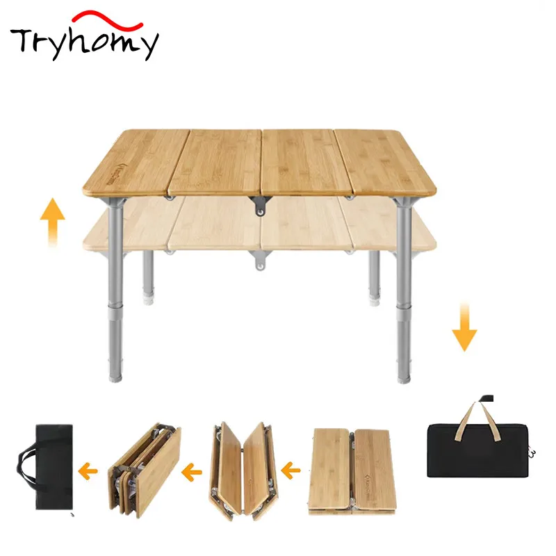 

Bamboo Folding Table With Adjustable Height Aluminum Legs Camping Table Outdoor Picnic Hiking Wood Tables 4-Folds Portable Table