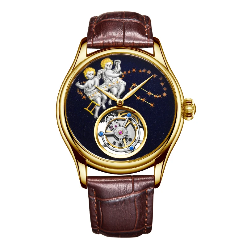 Aesop 7003Manual Tourbillon Hollow Movement Men's Mechanical Watch Natural Blue Crystal Leather Stainless Steel 12Constellations