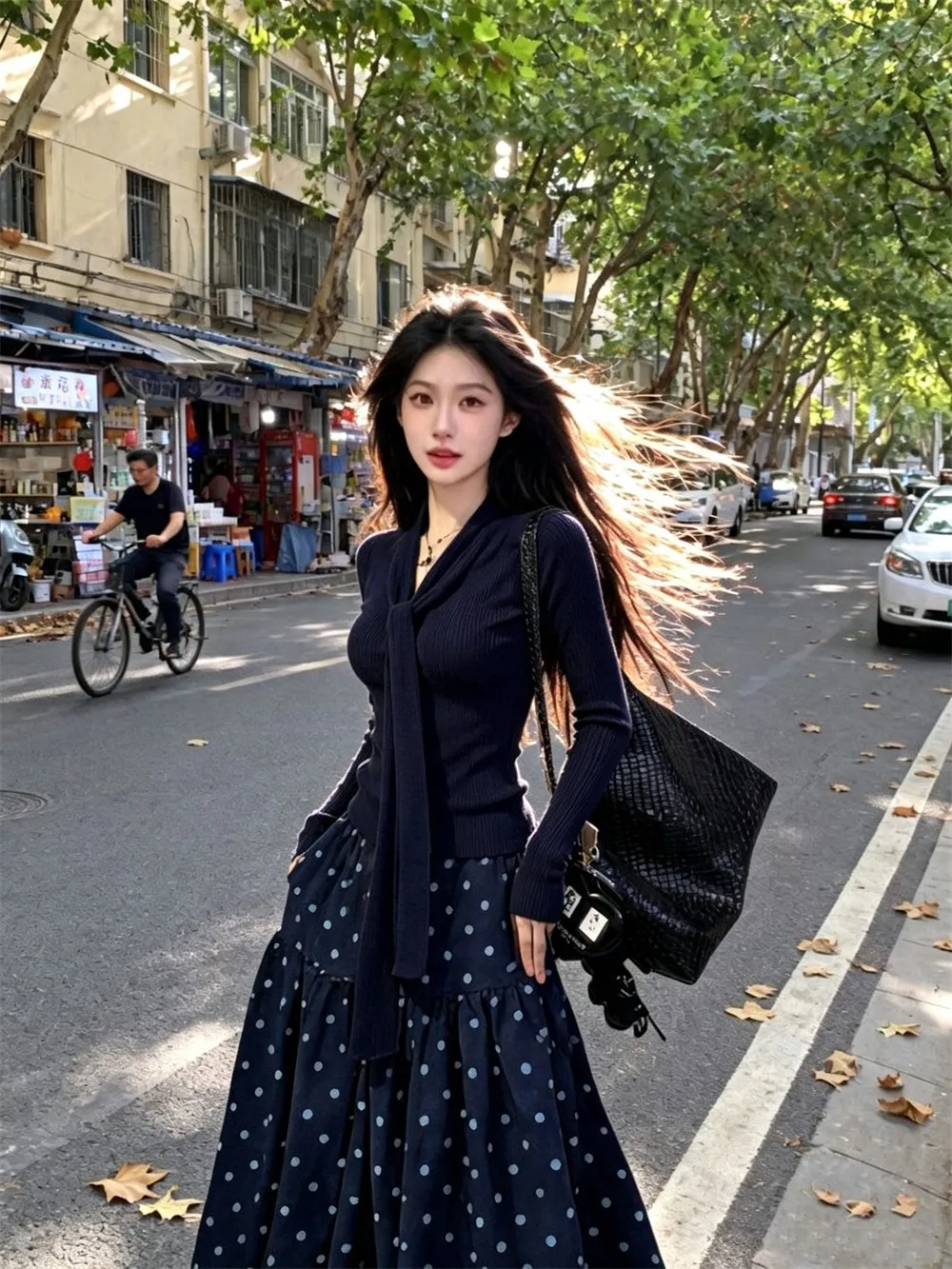 Sweet Style Autumn Outfit Long Sleeve Polka Dot Halter Neck Top And Skirt Two Piece Set Women's Fashion Ensemble
