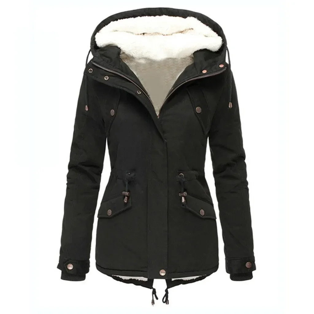 Women's Thickened Fleece Lined Cotton Jacket Winter Coat with Pockets Warm Fluffy Long Sleeve Hooded Slimming Coat