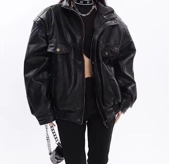 แจ็คเก็ตหนัง PU สไตล์เรโทรและระดับไฮเอนด์สำหรับชุดนักบินมอเตอร์ไซค์แนวสตรีทในฤดูใบไม้ร่วงและฤดูหนาว
